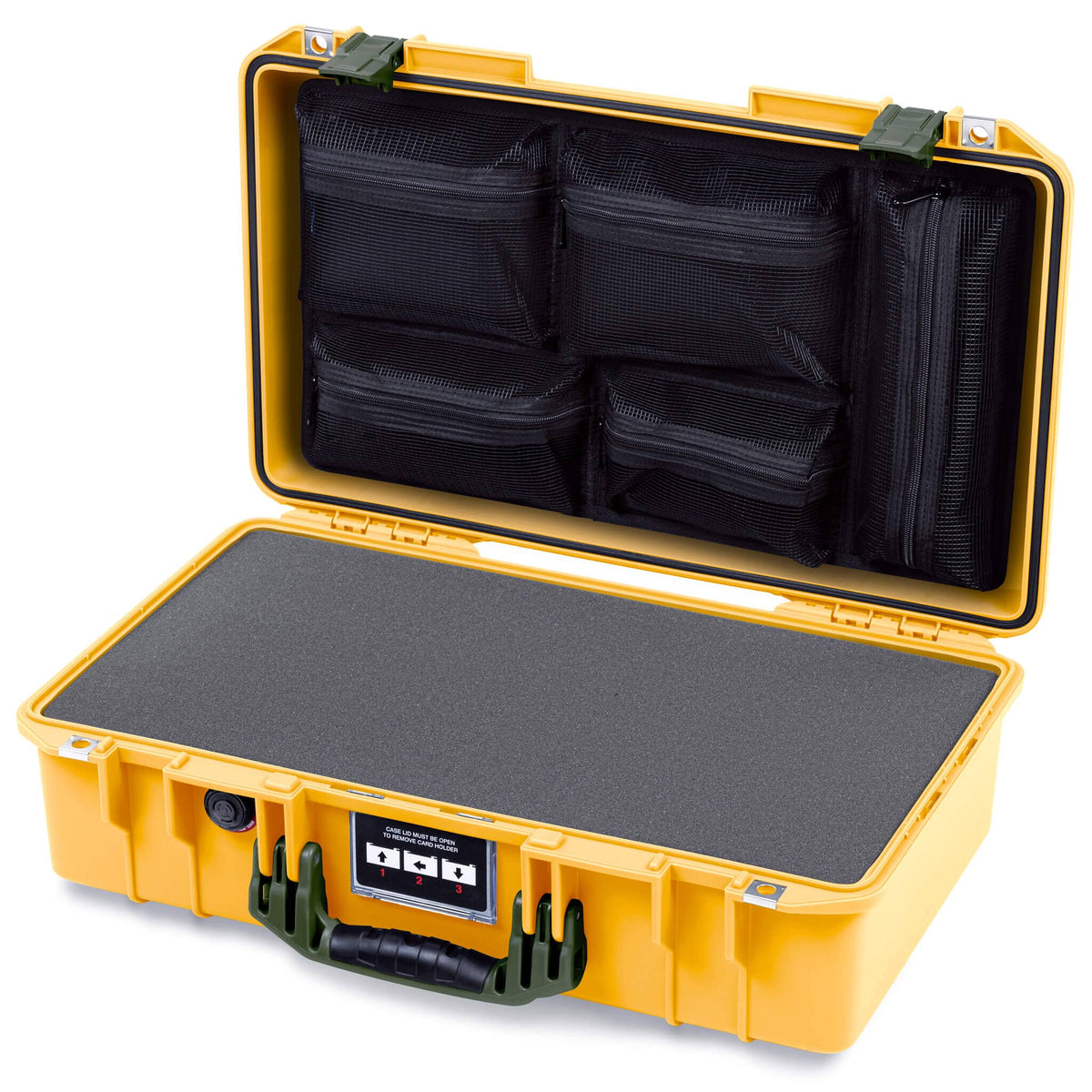Pelican 1525 Air Case, Yellow with OD Green Handle &amp; Latches Pick &amp; Pluck Foam with Mesh Lid Organizer ColorCase 015250-0101-240-131