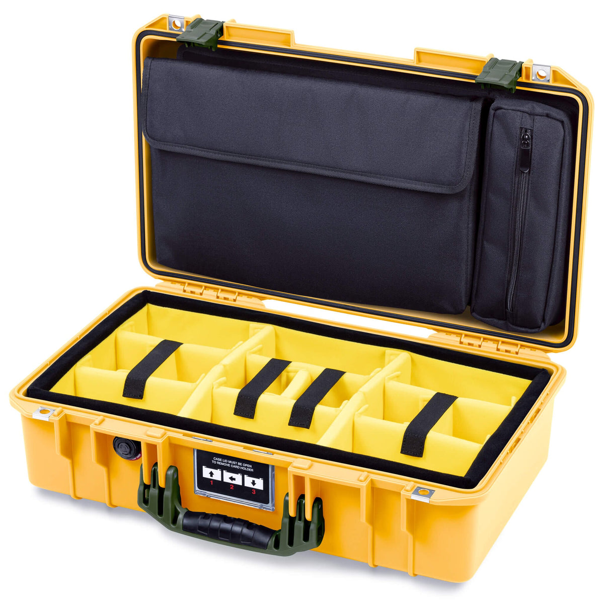 Pelican 1525 Air Case, Yellow with OD Green Handle &amp; Latches Yellow Padded Microfiber Dividers with Laptop Computer Pouch ColorCase 015250-0210-240-131