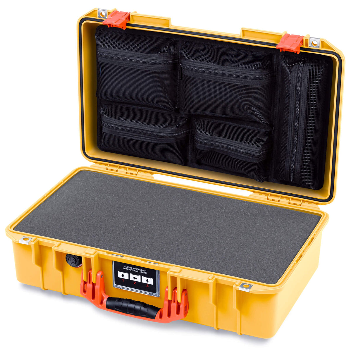 Pelican 1525 Air Case, Yellow with Orange Handle &amp; Latches Pick &amp; Pluck Foam with Mesh Lid Organizer ColorCase 015250-0101-240-151