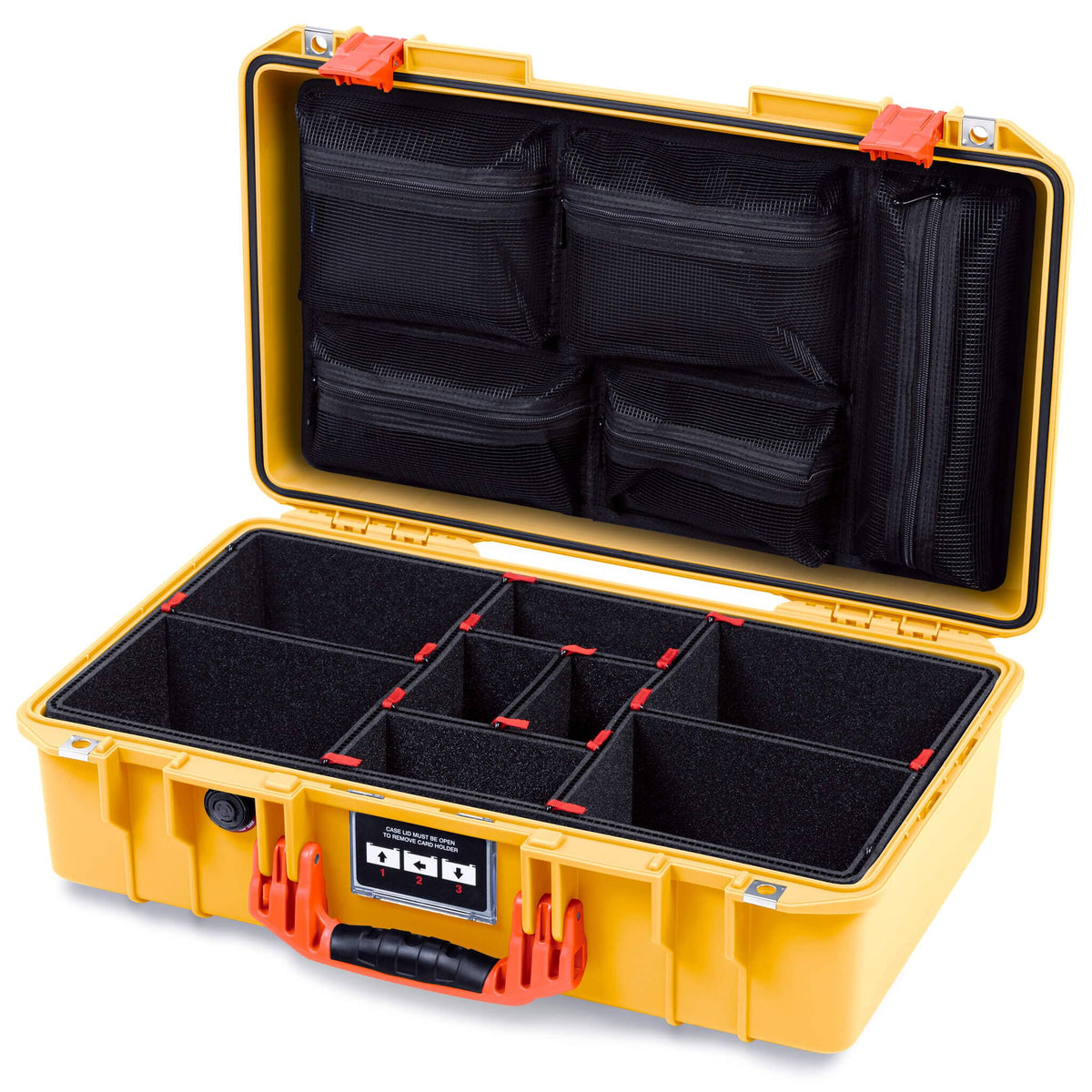 Pelican 1525 Air Case, Yellow with Orange Handle &amp; Latches TrekPak Divider System with Mesh Lid Organizer ColorCase 015250-0120-240-151