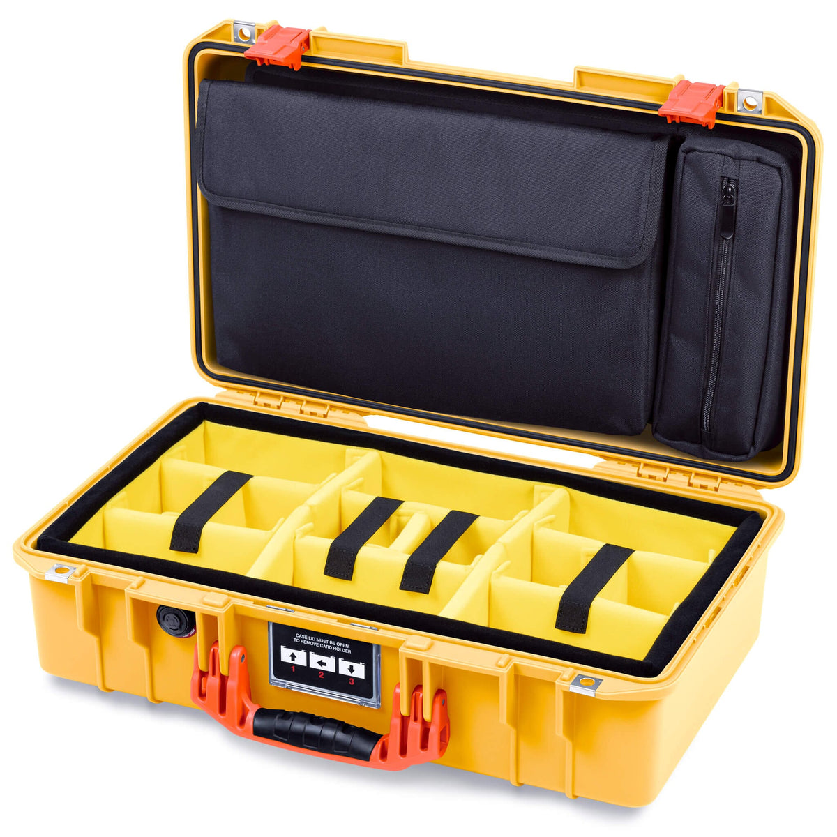 Pelican 1525 Air Case, Yellow with Orange Handle &amp; Latches Yellow Padded Microfiber Dividers with Laptop Computer Pouch ColorCase 015250-0210-240-151