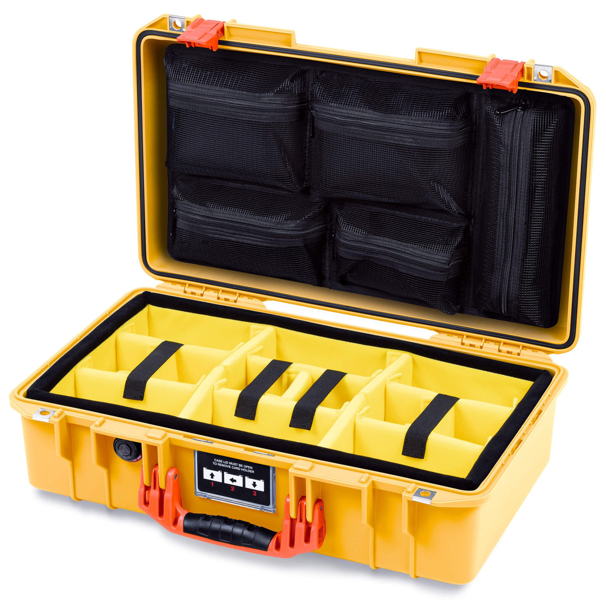Pelican 1525 Air Case, Yellow with Orange Handle &amp; Latches Yellow Padded Microfiber Dividers with Mesh Lid Organizer ColorCase 015250-0110-240-151