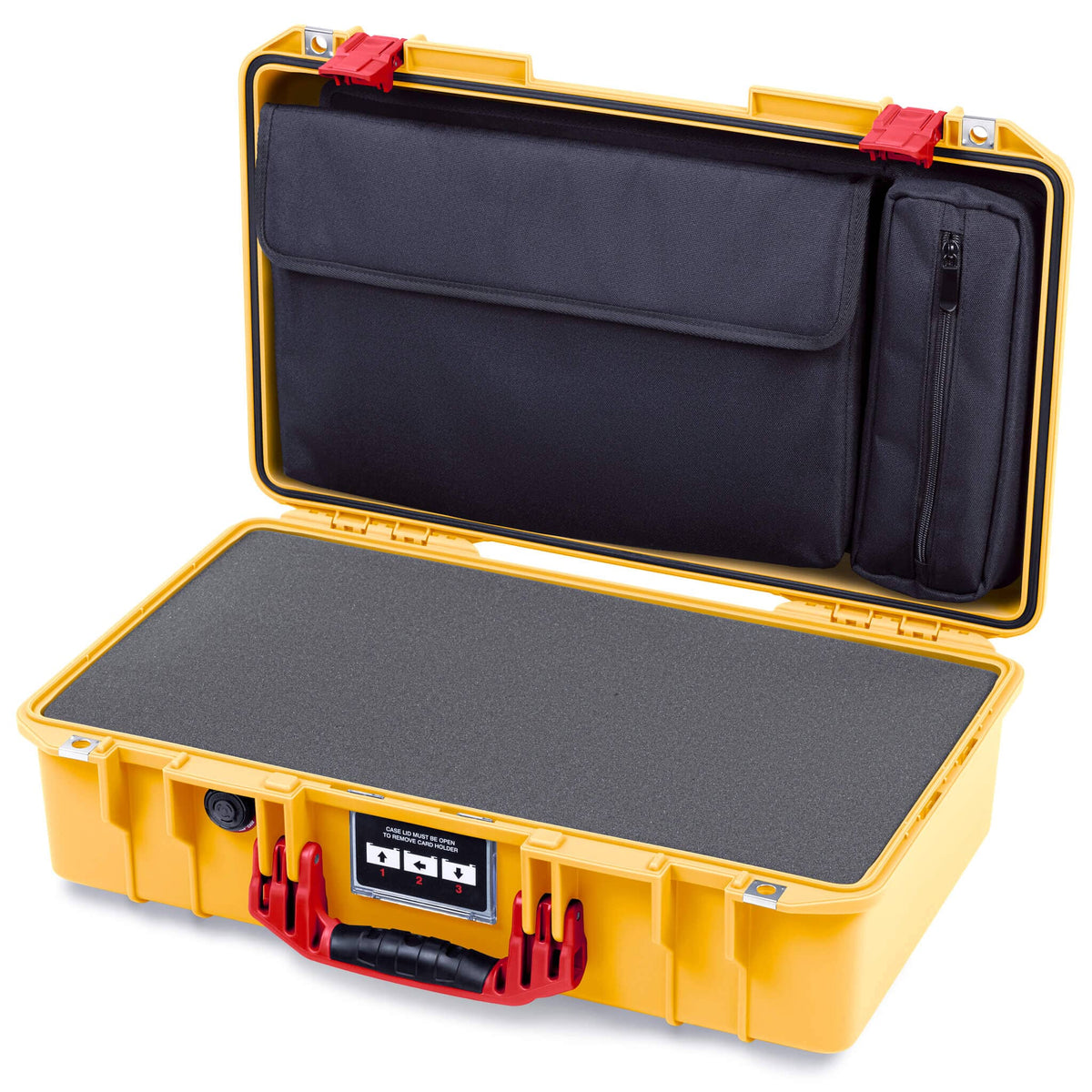 Pelican 1525 Air Case, Yellow with Red Handle &amp; Latches Pick &amp; Pluck Foam with Laptop Computer Pouch ColorCase 015250-0201-240-321