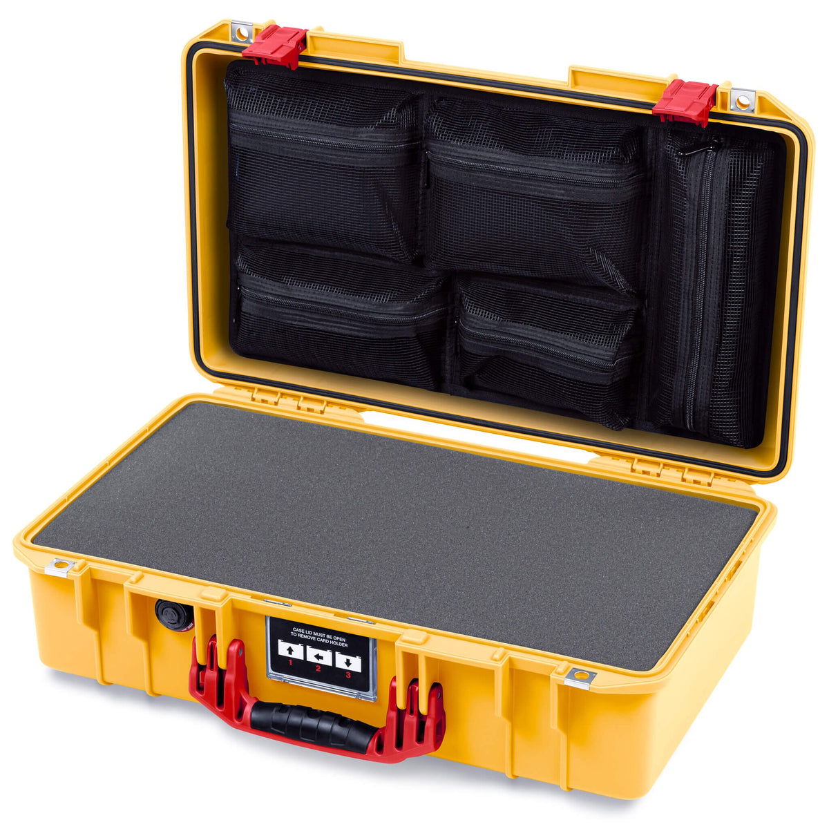 Pelican 1525 Air Case, Yellow with Red Handle &amp; Latches Pick &amp; Pluck Foam with Mesh Lid Organizer ColorCase 015250-0101-240-321
