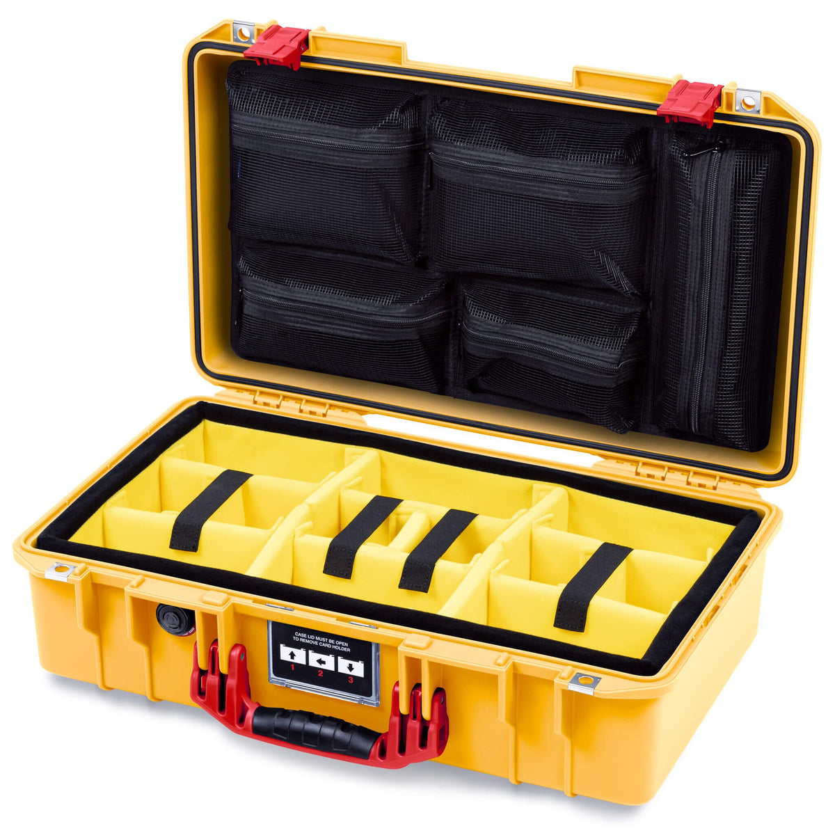 Pelican 1525 Air Case, Yellow with Red Handle &amp; Latches Yellow Padded Microfiber Dividers with Mesh Lid Organizer ColorCase 015250-0110-240-321