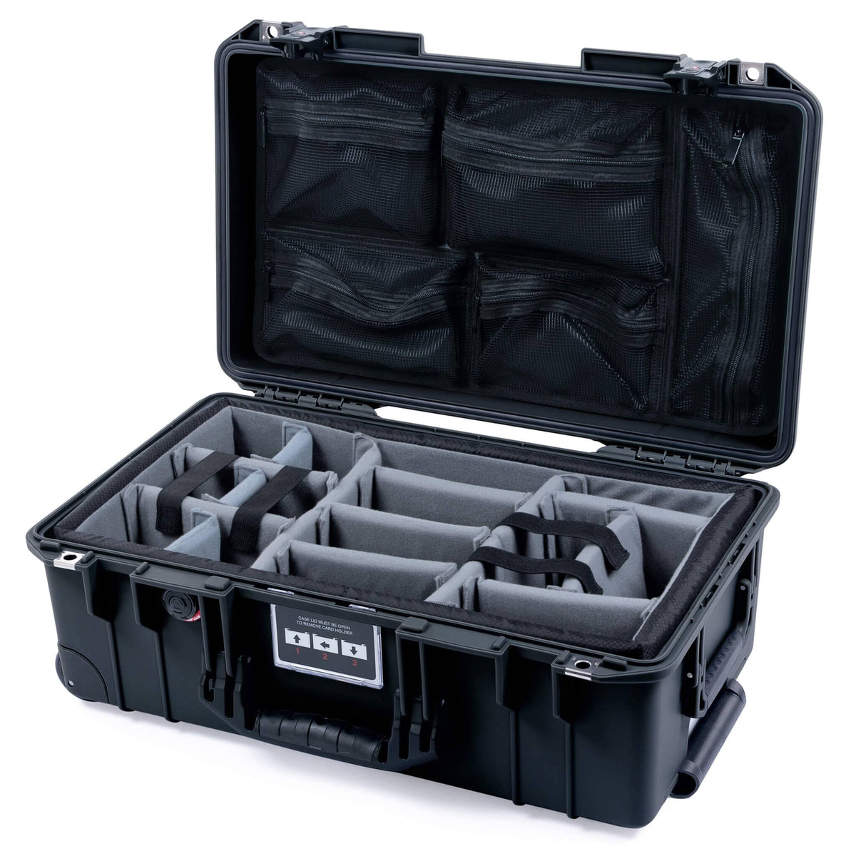 Pelican 1535 Air Case, Black with Black Handles &amp; TSA Locking Latches Gray Padded Microfiber Dividers with Mesh Lid Organizer ColorCase 015350-0170-110-L10