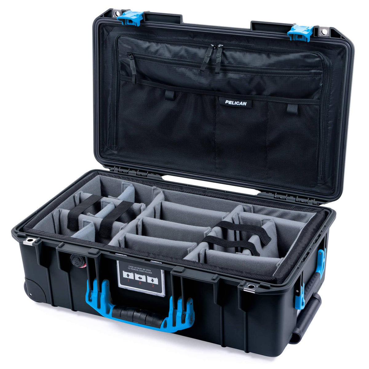 Pelican 1535 Air Case, Black with Blue Handles &amp; Latches Gray Padded Microfiber Dividers with Combo-Pouch Lid Organizer ColorCase 015350-0370-110-121