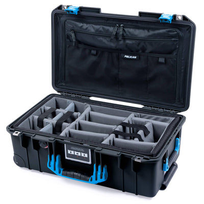 Pelican 1535 Air Case, Black with Blue Handles & Latches Gray Padded Microfiber Dividers with Combo-Pouch Lid Organizer ColorCase 015350-0370-110-121