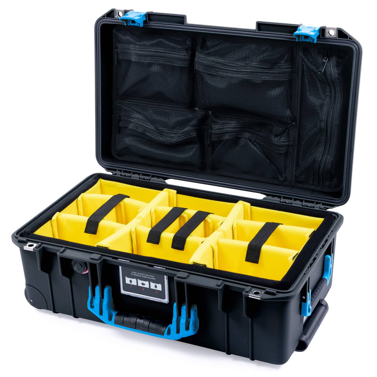 Pelican 1535 Air Case, Black with Blue Handles &amp; Latches Yellow Padded Microfiber Dividers with Mesh Lid Organizer ColorCase 015350-0110-110-121