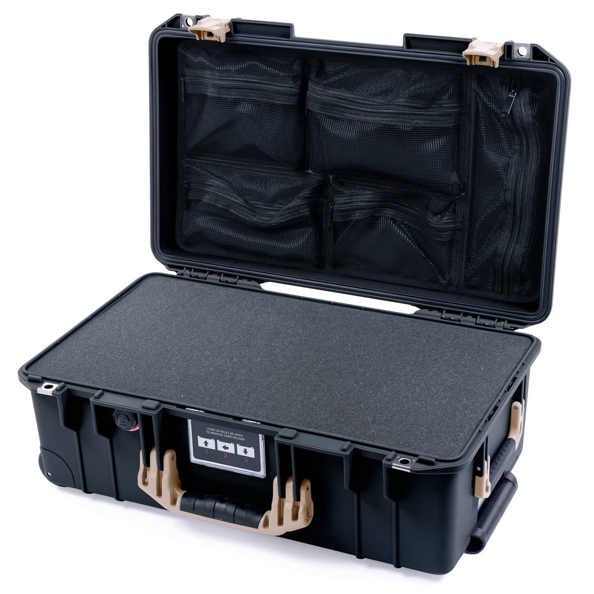 Pelican 1535 Air Case, Black with Desert Tan Handles &amp; Latches Pick &amp; Pluck Foam with Mesh Lid Organizer ColorCase 015350-0101-110-311