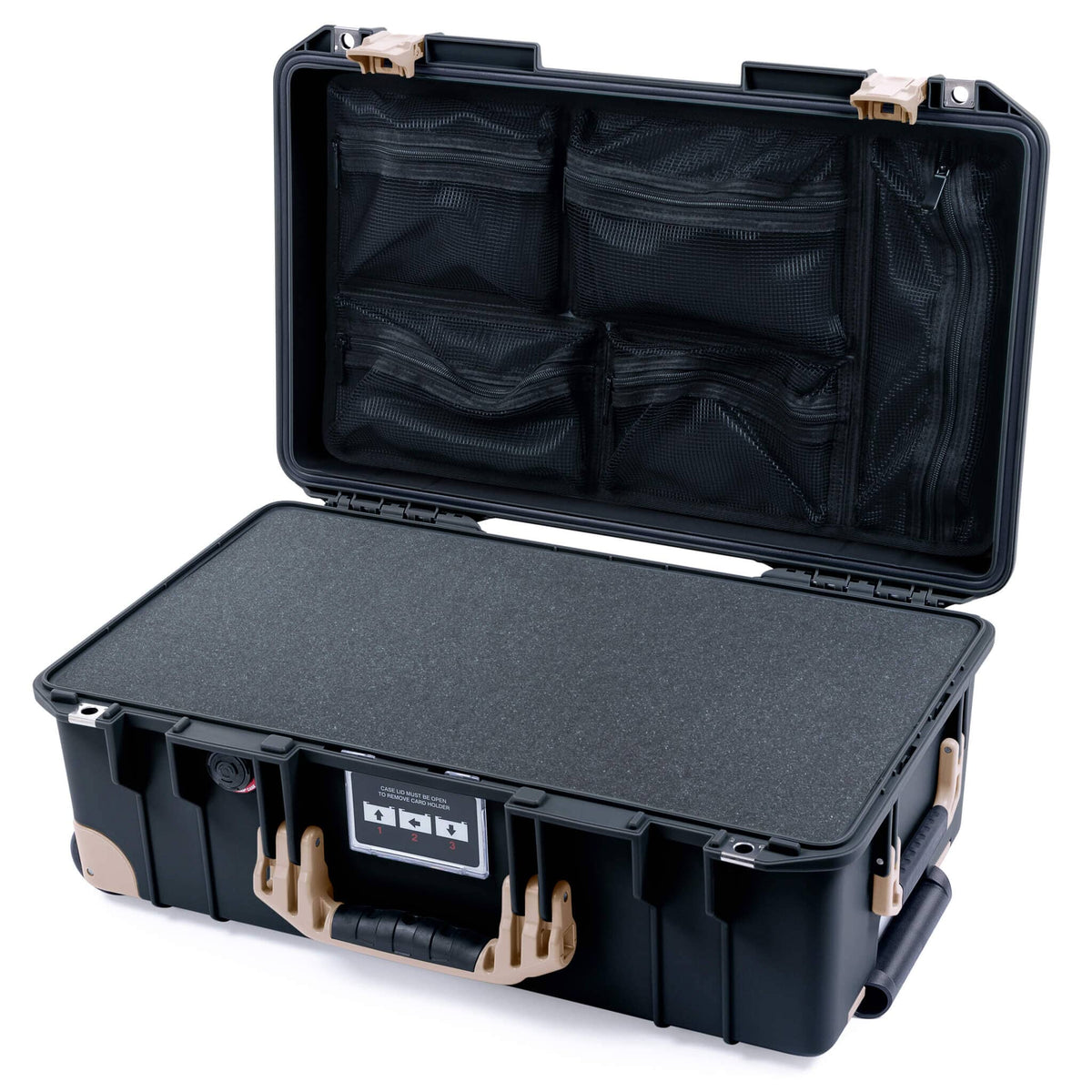 Pelican 1535 Air Case, Black with Desert Tan Handles, Latches &amp; Trolley Pick &amp; Pluck Foam with Mesh Lid Organizer ColorCase 015350-0101-110-311-310