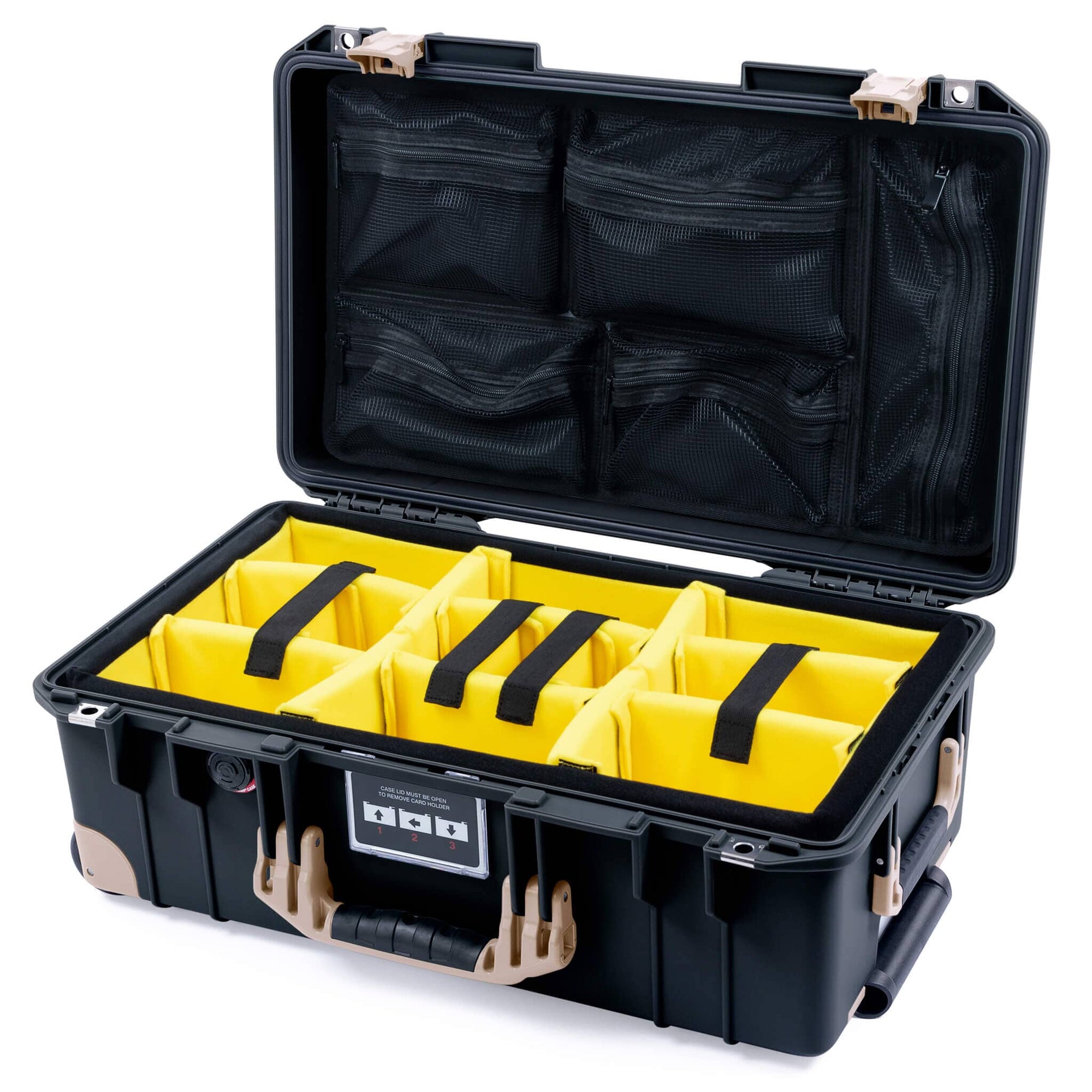 Pelican 1535 Air Case, Black with Desert Tan Handles, Latches & Trolley Yellow Padded Microfiber Dividers with Mesh Lid Organizer ColorCase 015350-0110-110-311-310