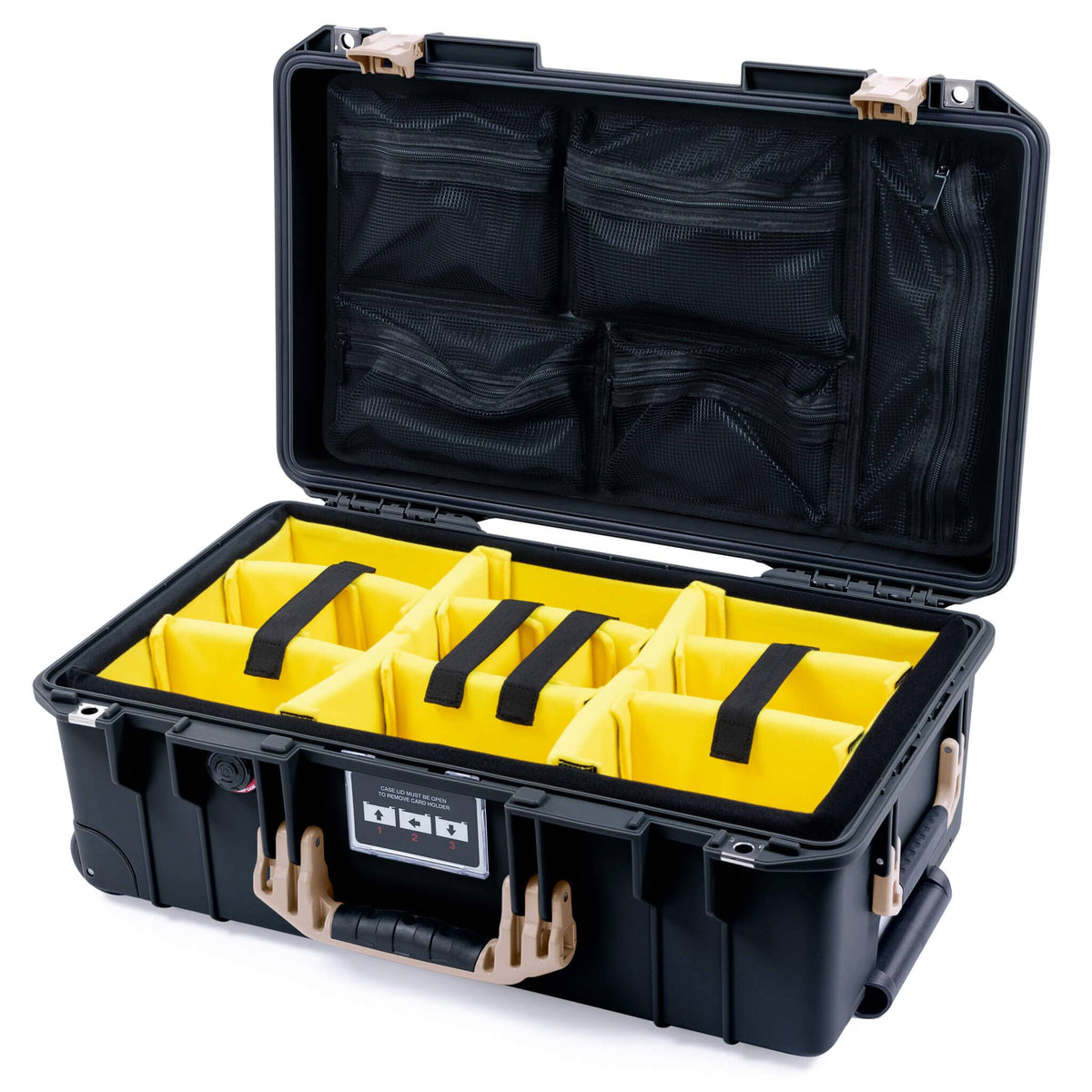 Pelican 1535 Air Case, Black with Desert Tan Handles &amp; Latches Yellow Padded Microfiber Dividers with Mesh Lid Organizer ColorCase 015350-0110-110-311