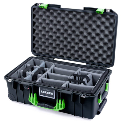Pelican 1535 Air Case, Black with Lime Green Handles & Latches Gray Padded Microfiber Dividers with Convolute Lid Foam ColorCase 015350-0070-110-301