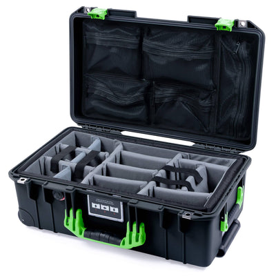 Pelican 1535 Air Case, Black with Lime Green Handles & Latches Gray Padded Microfiber Dividers with Mesh Lid Organizer ColorCase 015350-0170-110-301