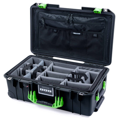 Pelican 1535 Air Case, Black with Lime Green Handles & Latches Gray Padded Microfiber Dividers with Combo-Pouch Lid Organizer ColorCase 015350-0370-110-301