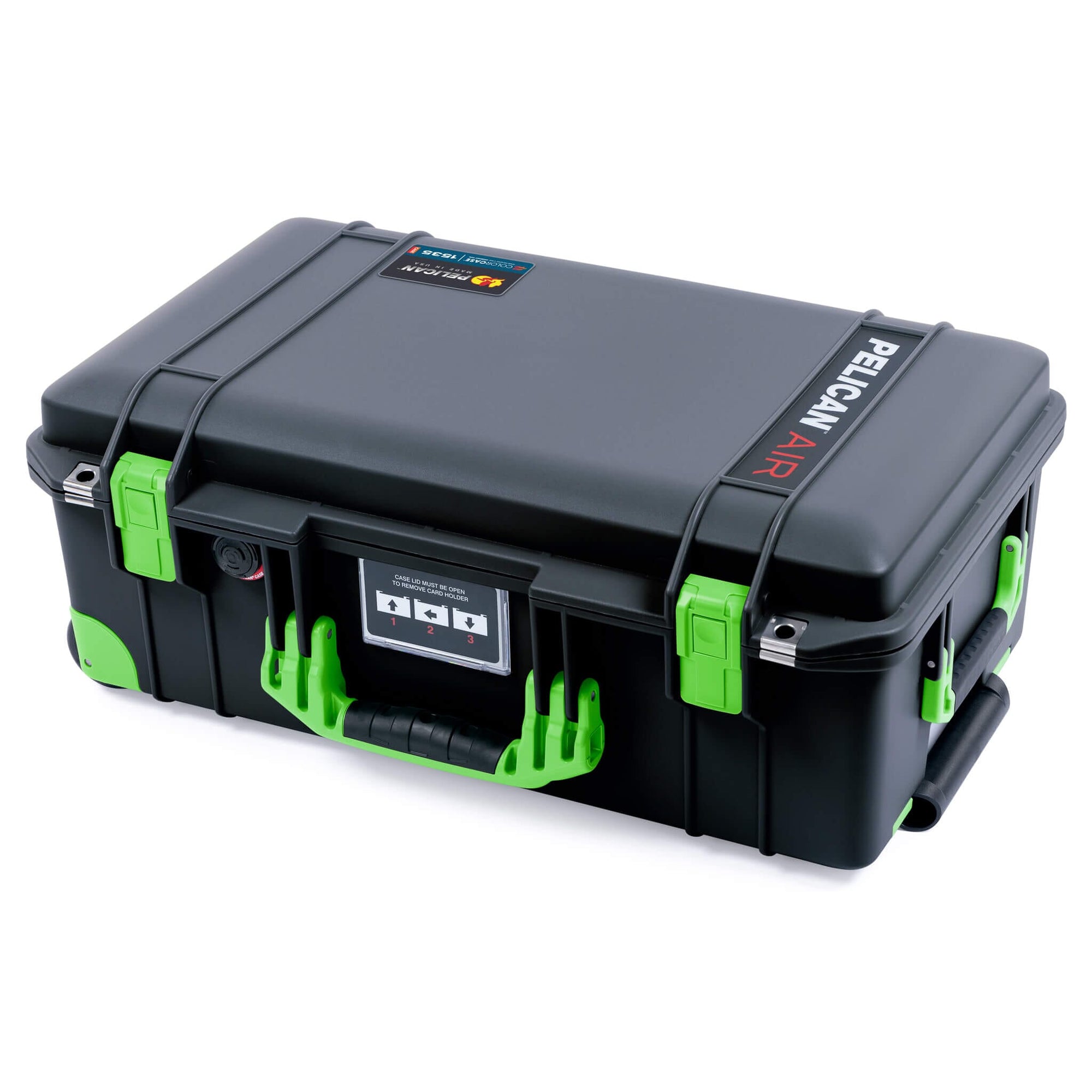 Pelican 1535 Air Case, Black with Lime Green Handles, Latches & Trolley