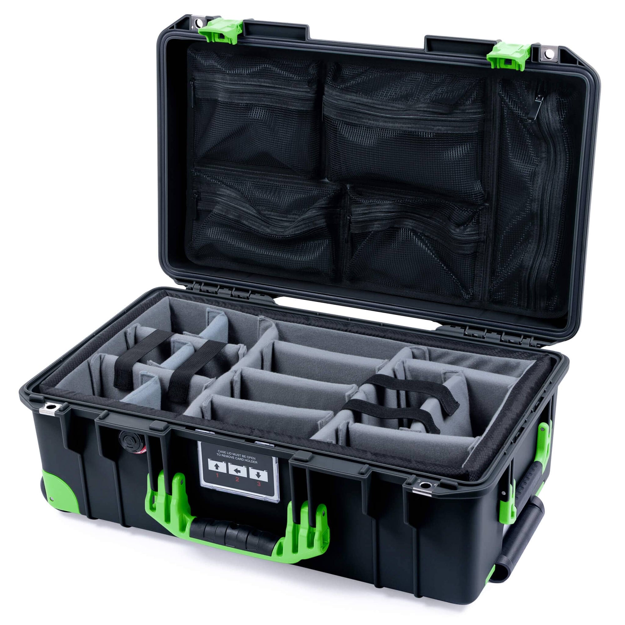 Pelican 1535 Air Case, Black with Lime Green Handles, Latches & Trolley Gray Padded Microfiber Dividers with Mesh Lid Organizer ColorCase 015350-0170-110-301-300