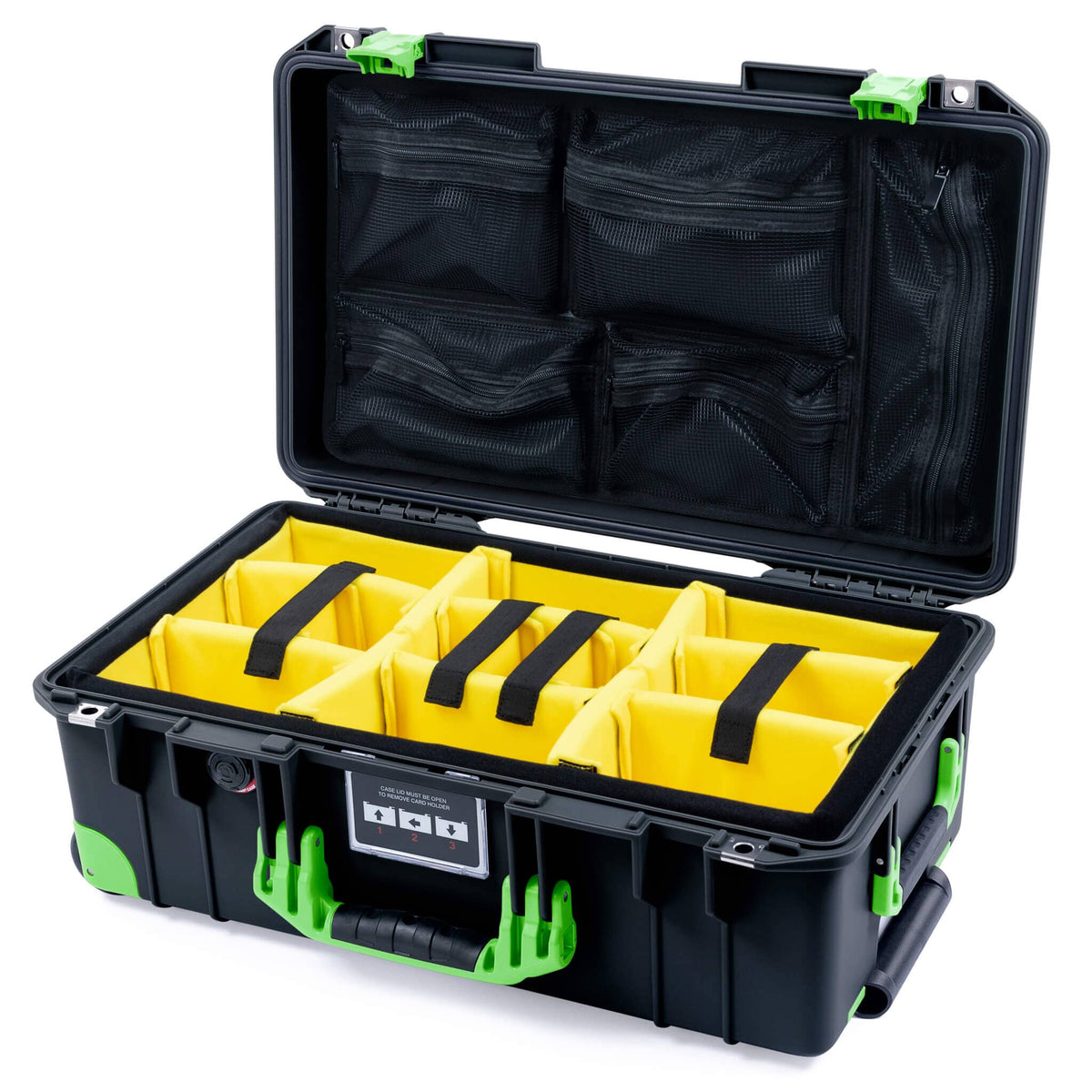 Pelican 1535 Air Case, Black with Lime Green Handles, Latches &amp; Trolley Yellow Padded Microfiber Dividers with Mesh Lid Organizer ColorCase 015350-0110-110-301-300