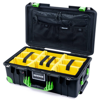 Pelican 1535 Air Case, Black with Lime Green Handles, Latches & Trolley Yellow Padded Microfiber Dividers with Combo-Pouch Lid Organizer ColorCase 015350-0310-110-301-300