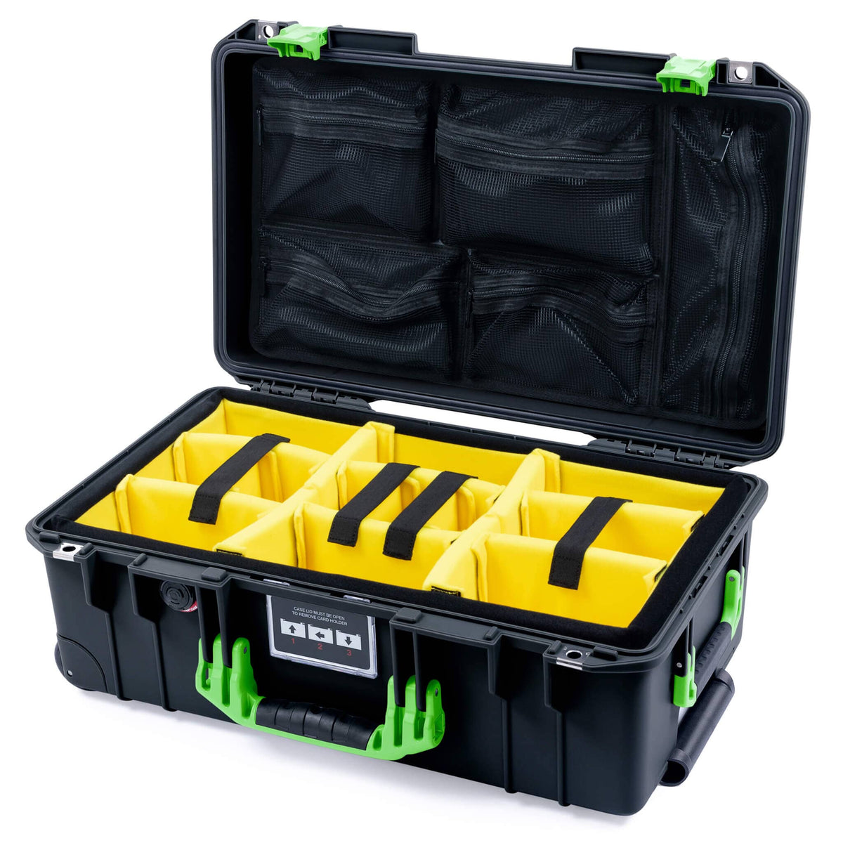 Pelican 1535 Air Case, Black with Lime Green Handles &amp; Latches Yellow Padded Microfiber Dividers with Mesh Lid Organizer ColorCase 015350-0110-110-301