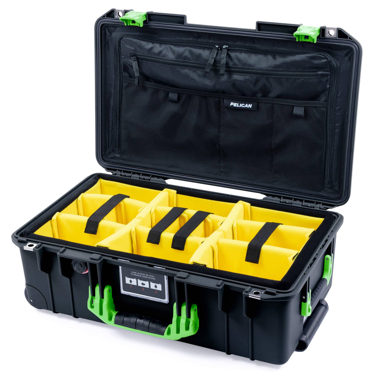 Pelican 1535 Air Case, Black with Lime Green Handles &amp; Latches Yellow Padded Microfiber Dividers with Combo-Pouch Lid Organizer ColorCase 015350-0310-110-301