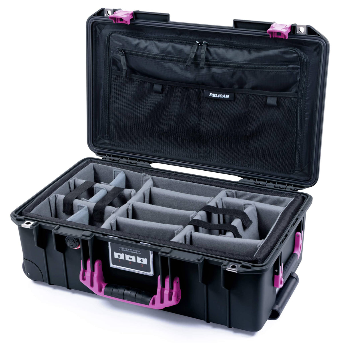 Pelican 1535 Air Case, Black with Magenta Handles &amp; Latches Pick &amp; Pluck Foam with TRVL Combo-Pouch Lid Organizer ColorCase 015350-0301-110-401
