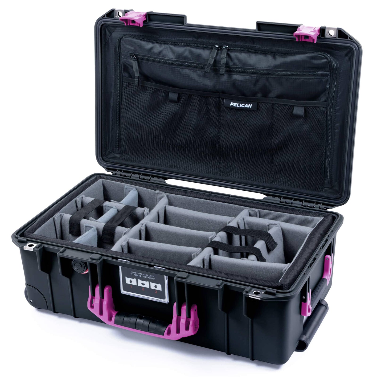 Pelican 1535 Air Case, Black with Magenta Handles & Latches Pick & Pluck Foam with TRVL Combo-Pouch Lid Organizer ColorCase 015350-0301-110-401