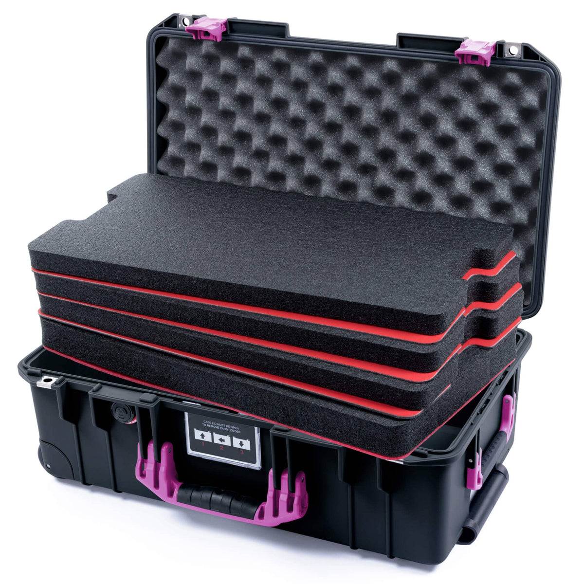 Pelican 1535 Air Case, Black with Magenta Handles &amp; Latches Custom Tool Kit (4 Foam Inserts with Convoluted Lid Foam) ColorCase 015350-0060-110-401