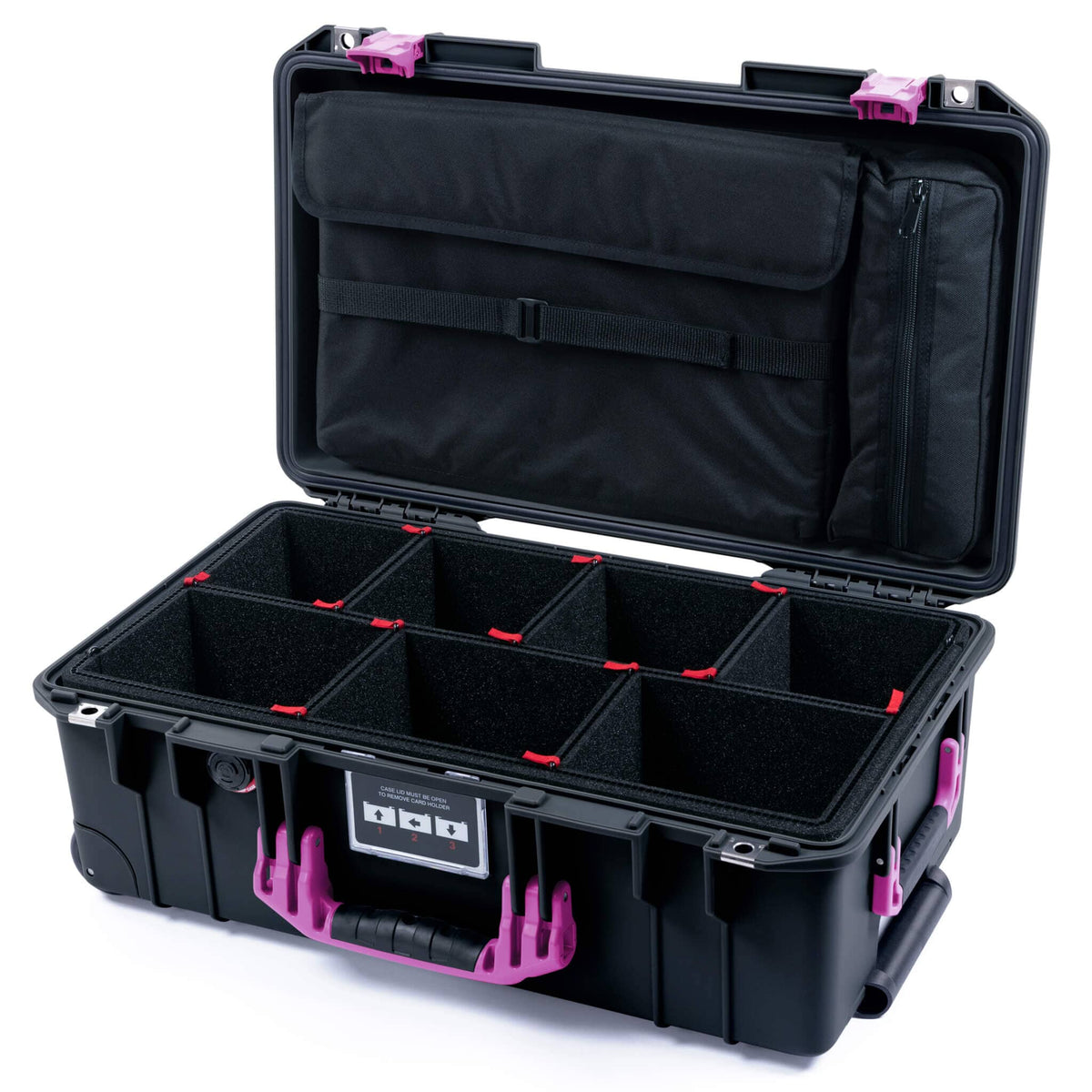 Pelican 1535 Air Case, Black with Magenta Handles &amp; Latches TrekPak Divider System with Laptop Computer Lid Pouch ColorCase 015350-0220-110-401