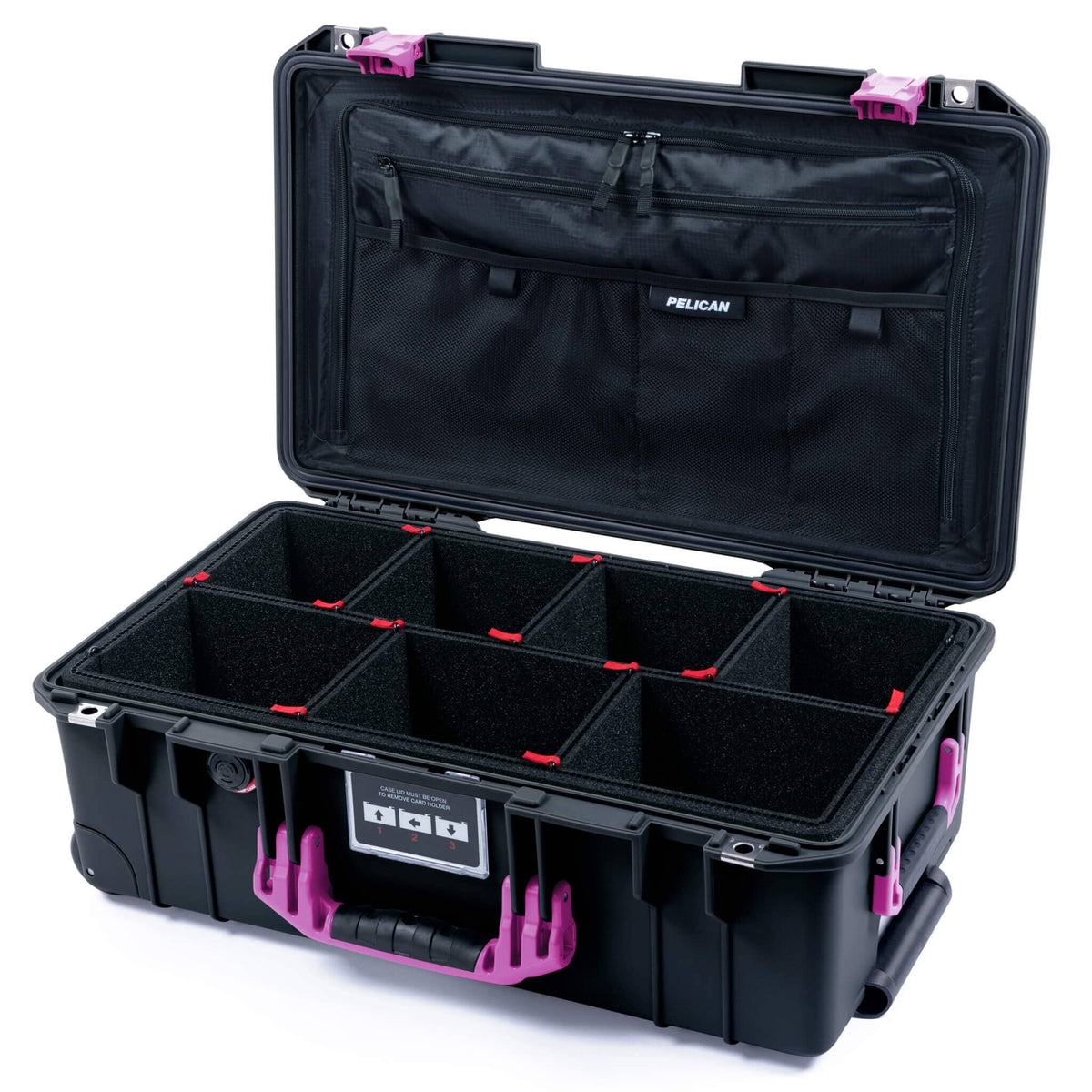 Pelican 1535 Air Case, Black with Magenta Handles &amp; Latches TrekPak Divider System with TRVL Combo-Pouch Lid Organizer ColorCase 015350-0320-110-401
