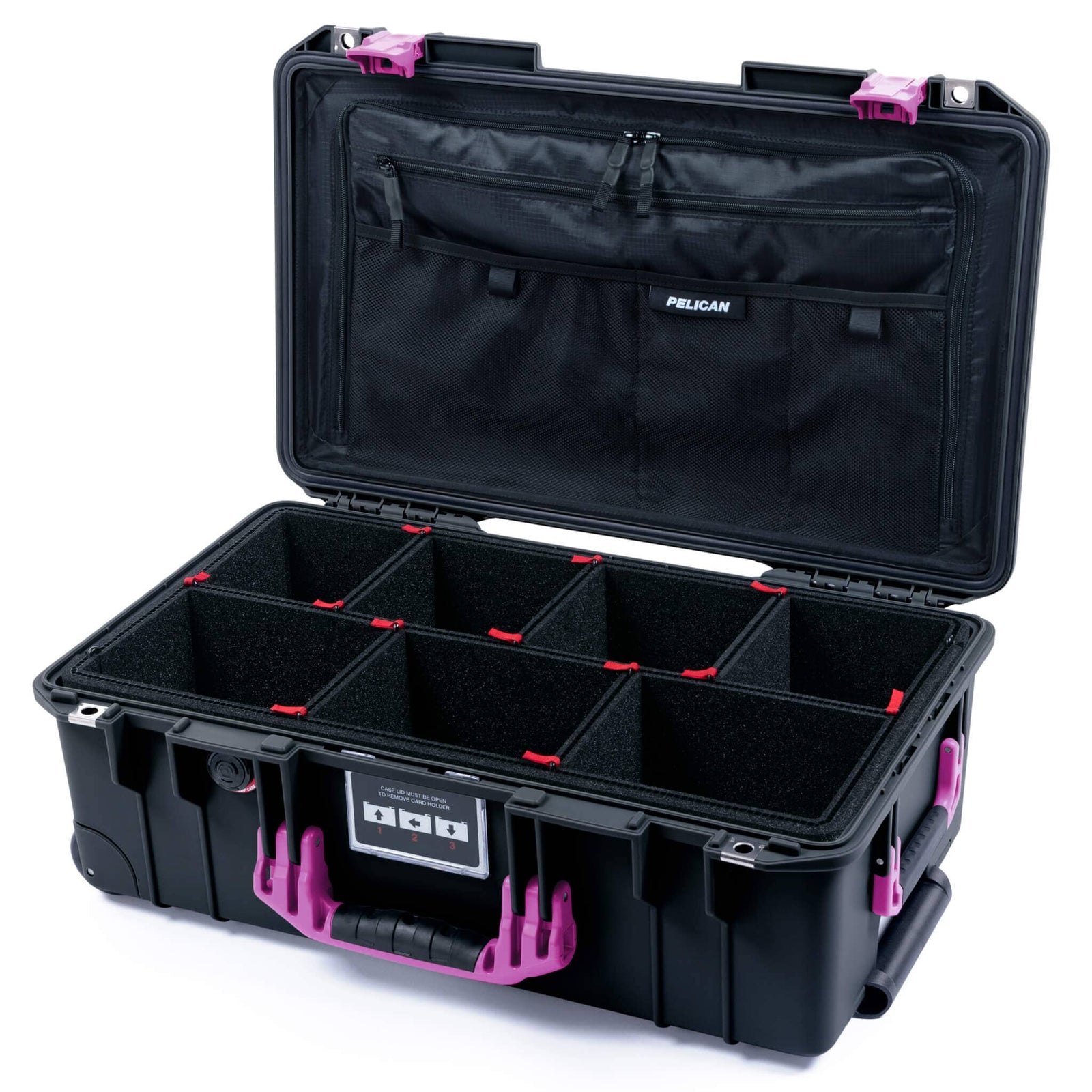 Pelican 1535 Air Case, Black with Magenta Handles & Latches TrekPak Divider System with TRVL Combo-Pouch Lid Organizer ColorCase 015350-0320-110-401