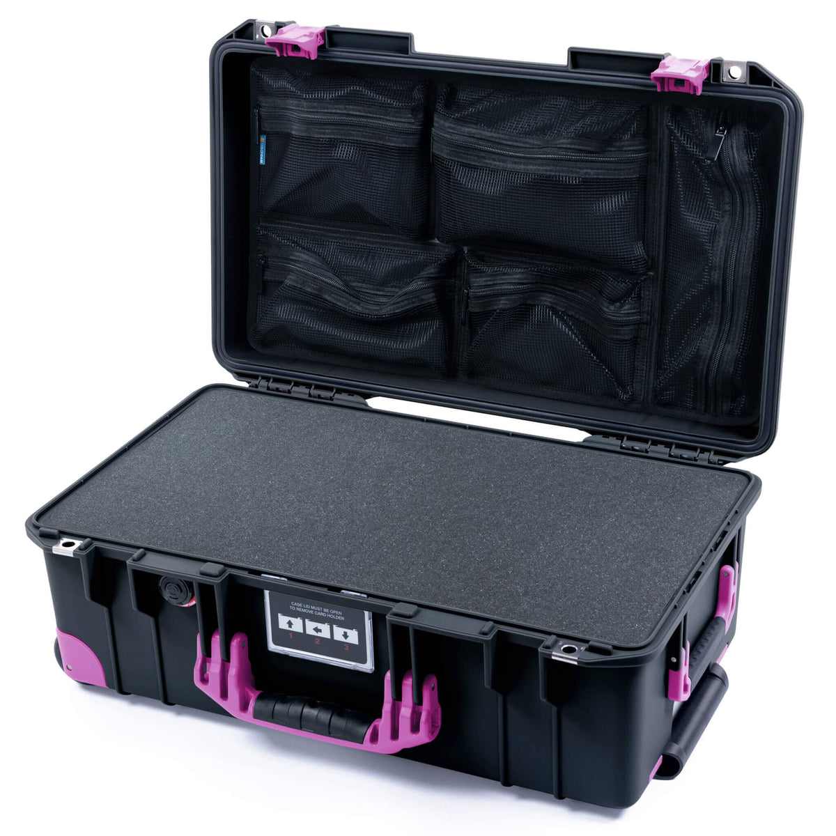 Pelican 1535 Air Case, Black with Magenta Handles, Latches &amp; Trolley Pick &amp; Pluck Foam with Mesh Lid Organizer ColorCase 015350-0101-110-401-400