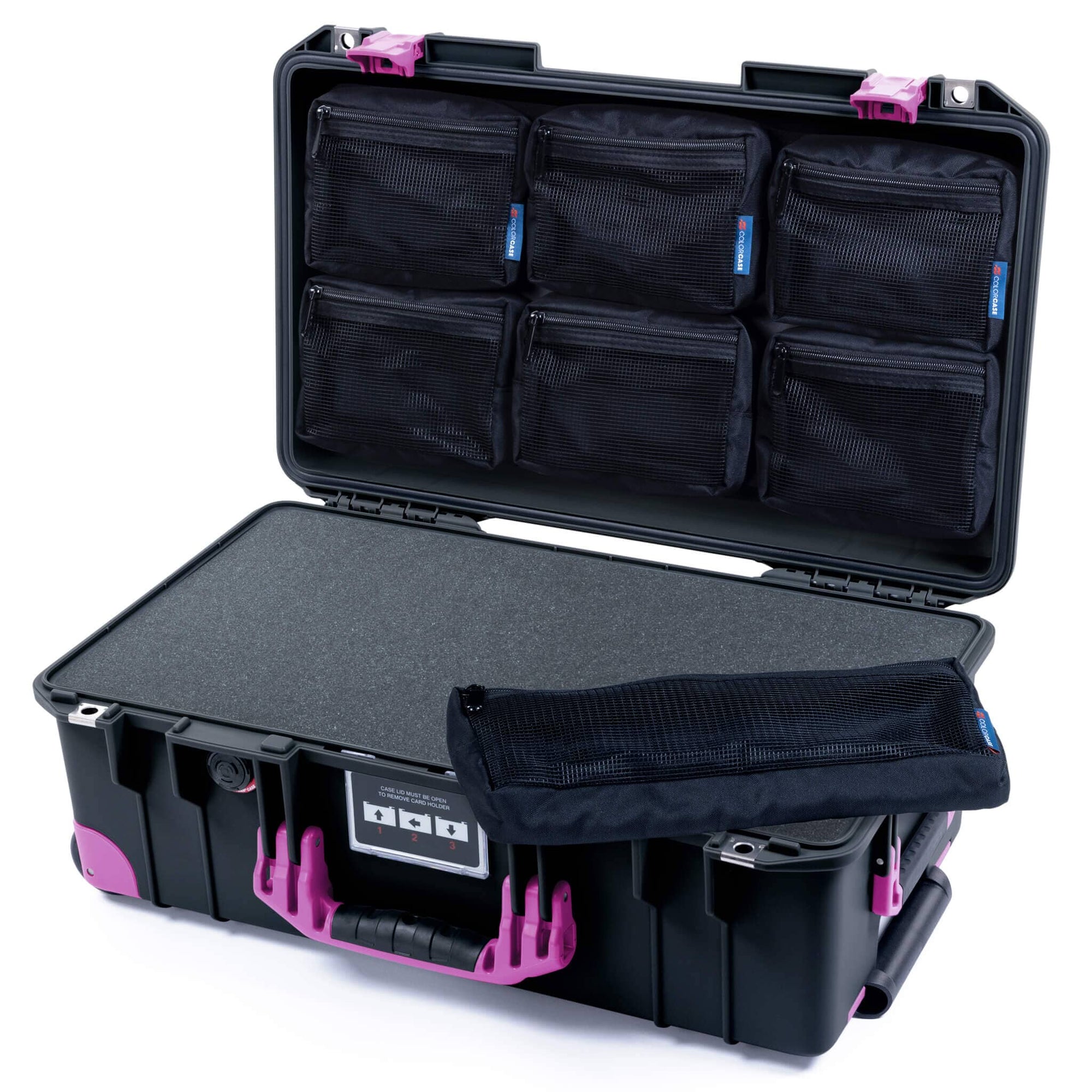 Pelican 1535 Air Case, Black with Magenta Handles, Latches & Trolley Pick & Pluck Foam with 7-Piece Removable Mesh Pouches ColorCase 015350-0701-110-401-400