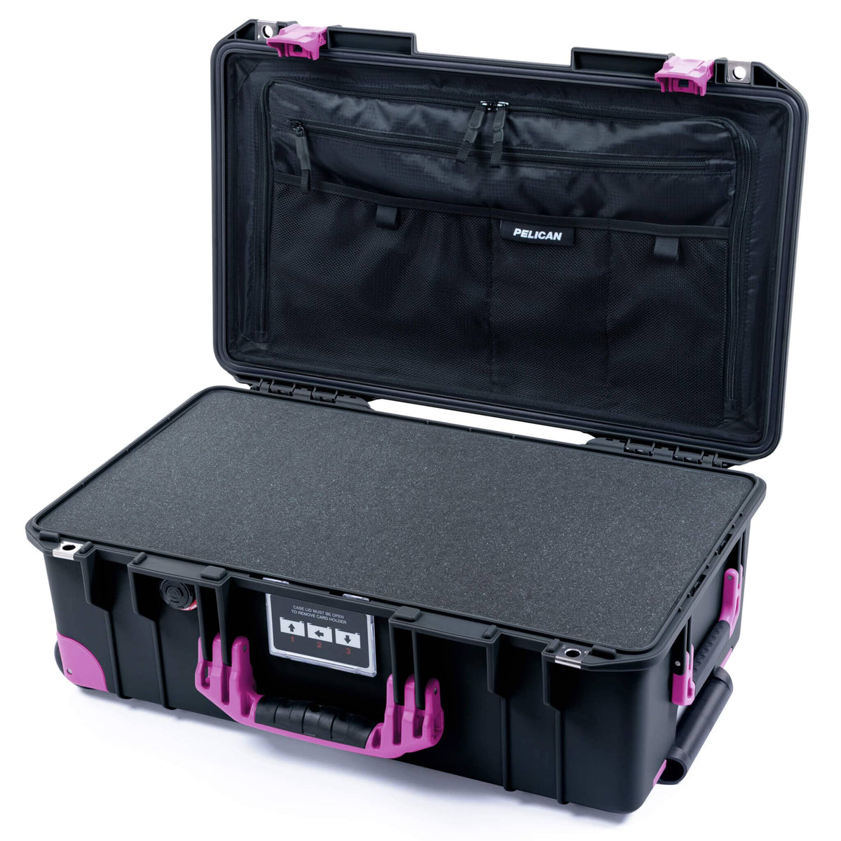 Pelican 1535 Air Case, Black with Magenta Handles, Latches &amp; Trolley Pick &amp; Pluck Foam with TRVL Combo-Pouch Lid Organizer ColorCase 015350-0301-110-401-400