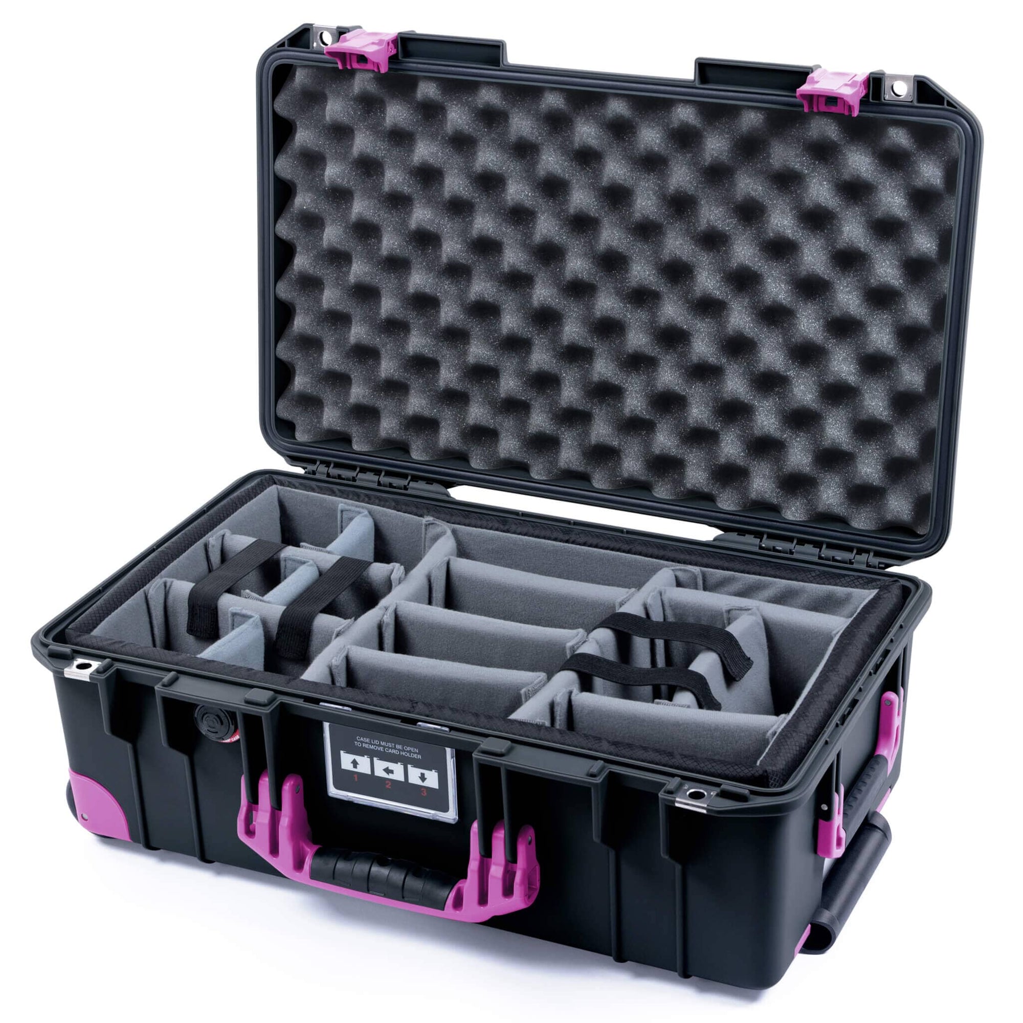 Pelican 1535 Air Case, Black with Magenta Handles, Latches & Trolley Gray Padded Microfiber Dividers with Convoluted Lid Foam ColorCase 015350-0070-110-401-400