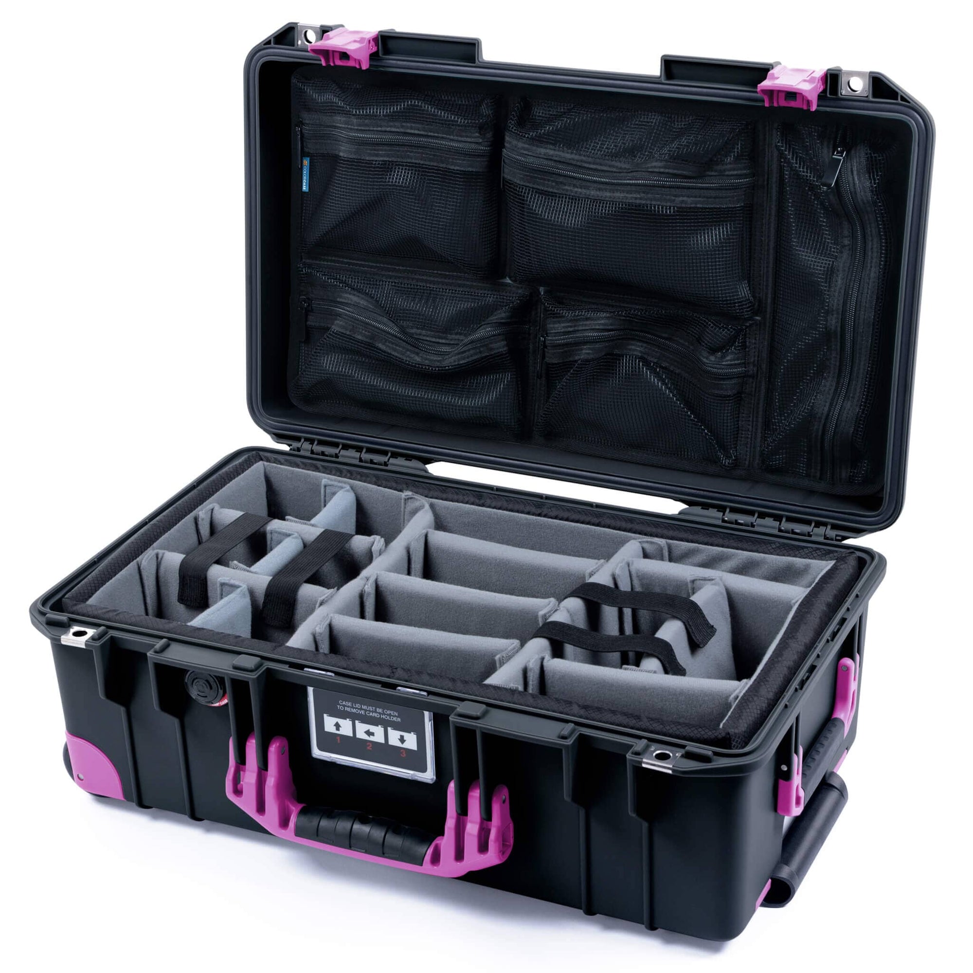 Pelican 1535 Air Case, Black with Magenta Handles, Latches & Trolley Gray Padded Microfiber Dividers with Mesh Lid Organizer ColorCase 015350-0170-110-401-400