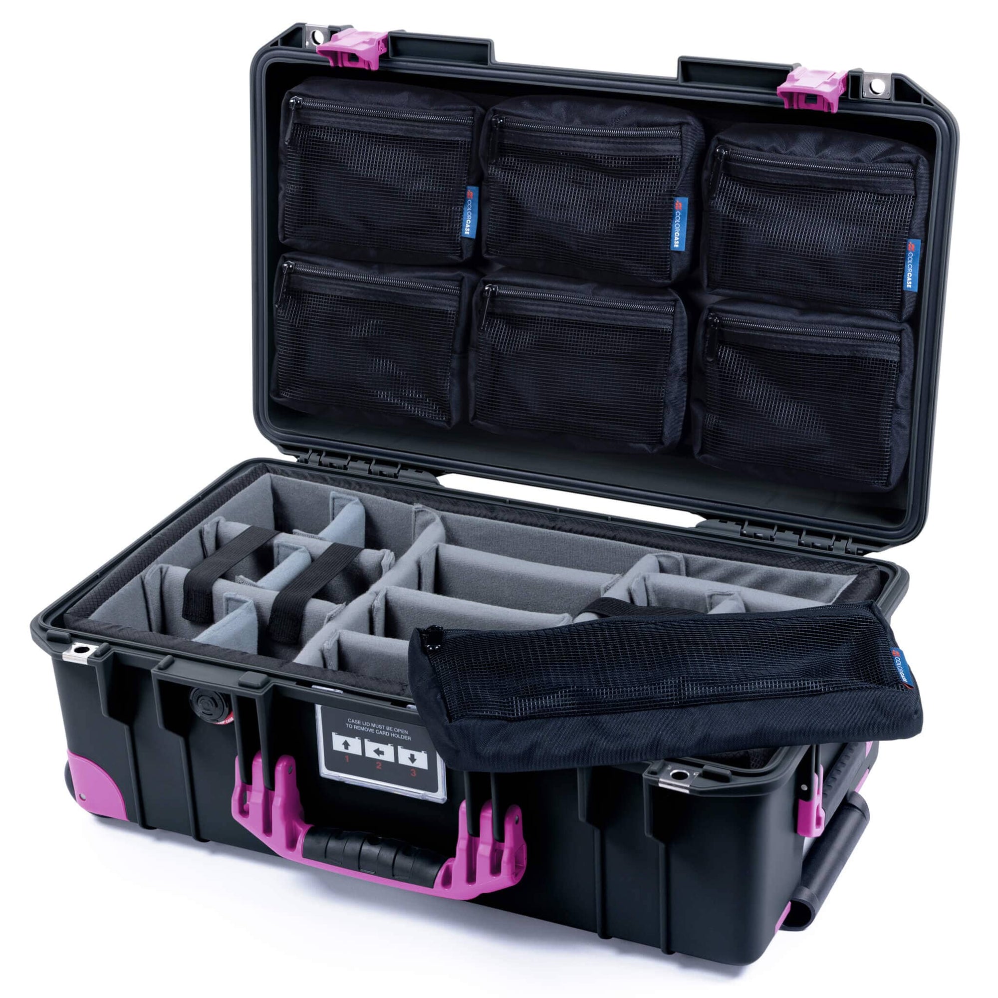Pelican 1535 Air Case, Black with Magenta Handles, Latches & Trolley Gray Padded Microfiber Dividers with 7-Piece Removable Mesh Pouches ColorCase 015350-0770-110-401-400