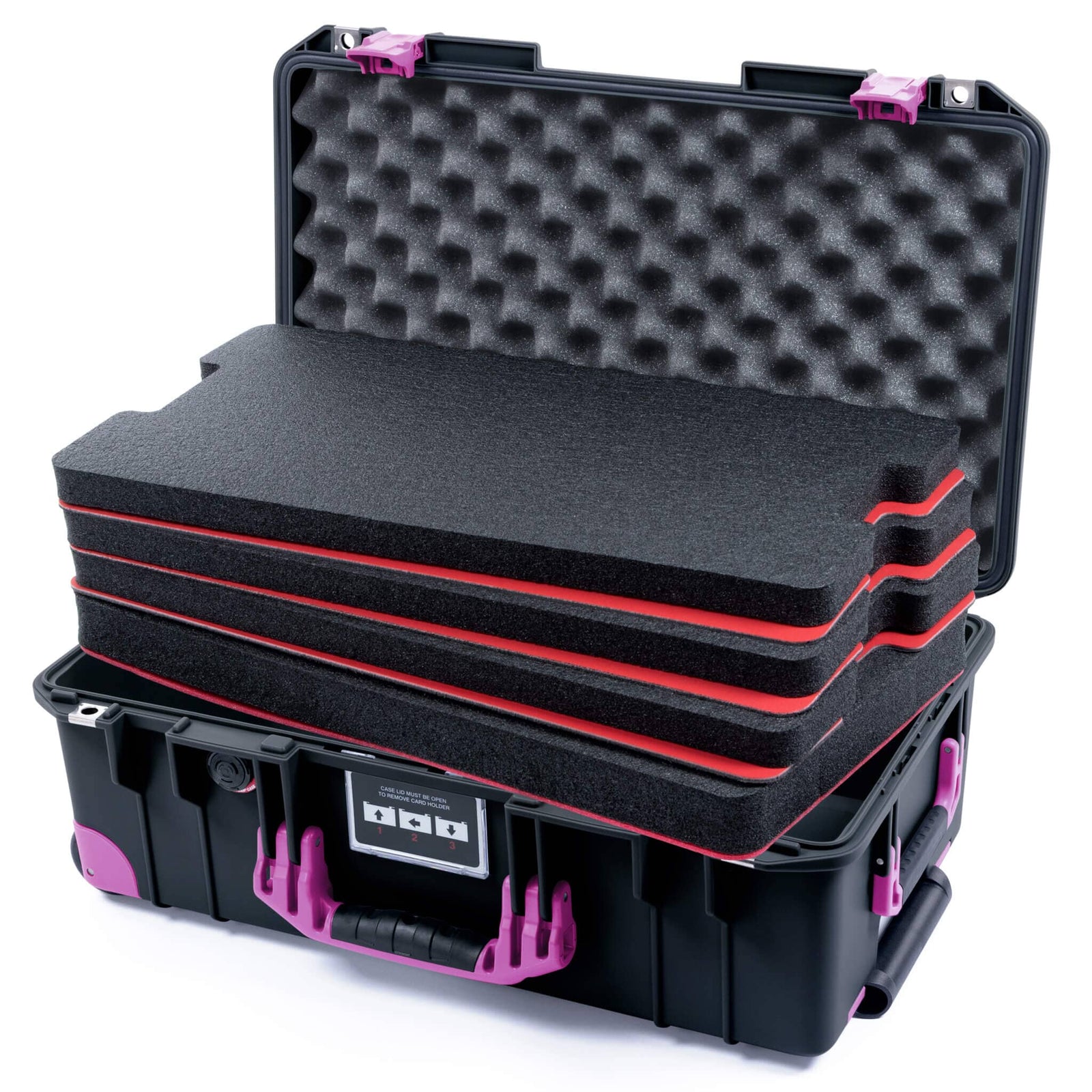 Pelican 1535 Air Case, Black with Magenta Handles, Latches & Trolley Custom Tool Kit (4 Foam Inserts with Convoluted Lid Foam) ColorCase 015350-0060-110-401-400