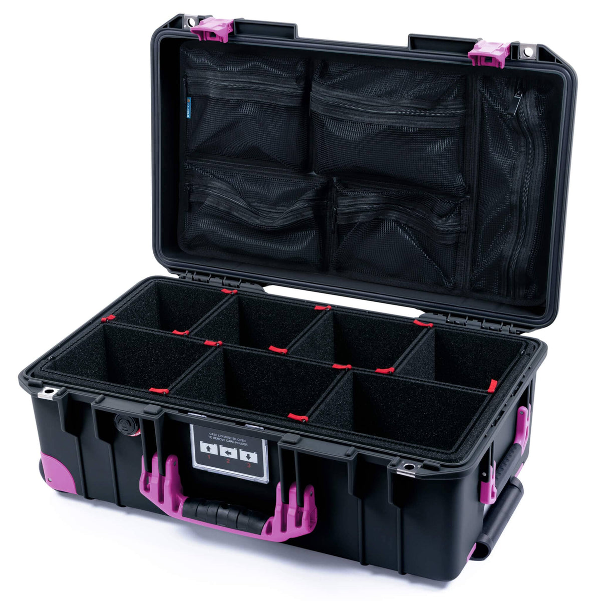 Pelican 1535 Air Case, Black with Magenta Handles, Latches &amp; Trolley TrekPak Divider System with Mesh Lid Organizer ColorCase 015350-0120-110-401-400