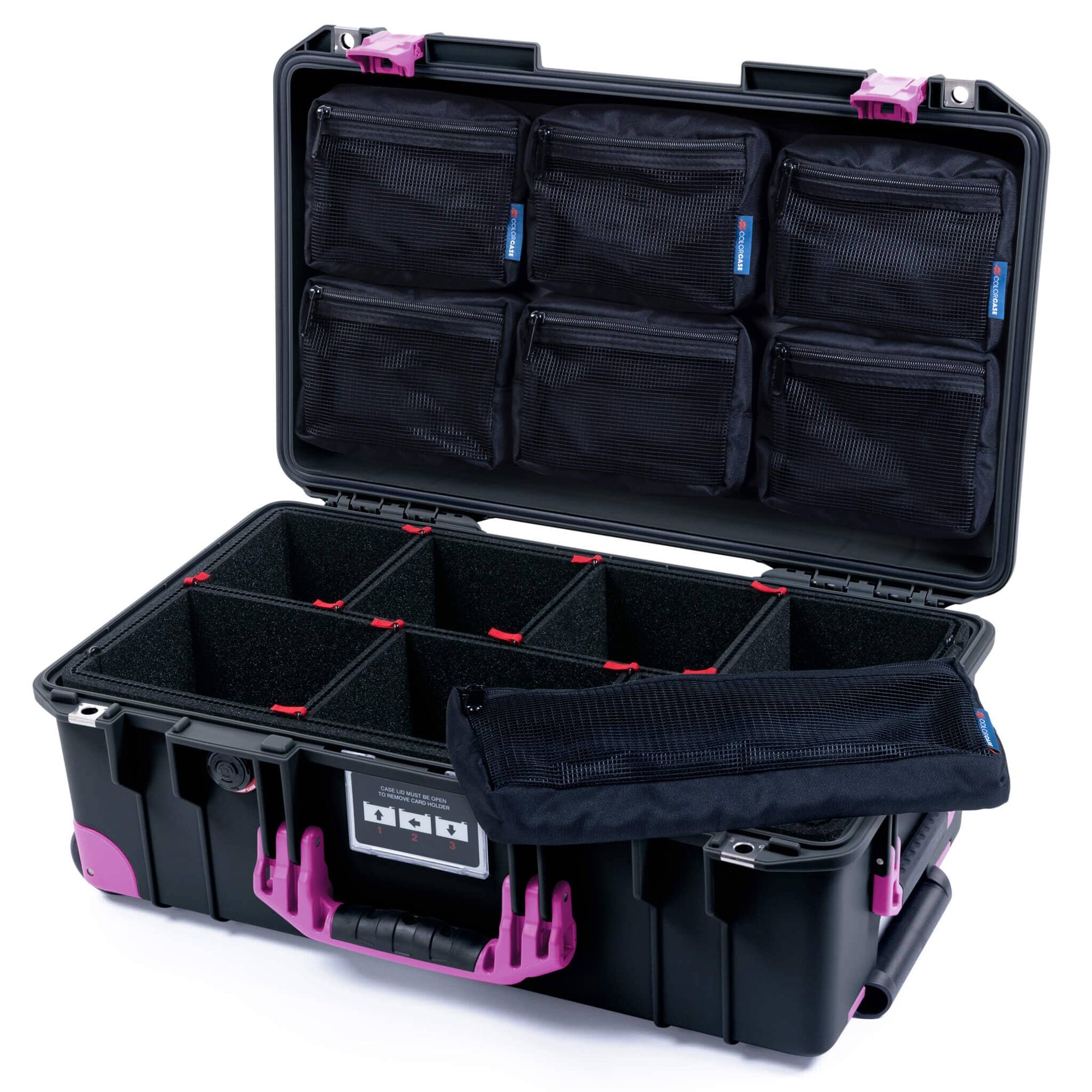 Pelican 1535 Air Case, Black with Magenta Handles, Latches & Trolley TrekPak Divider System with 7-Piece Removable Mesh Pouches ColorCase 015350-0720-110-401-400