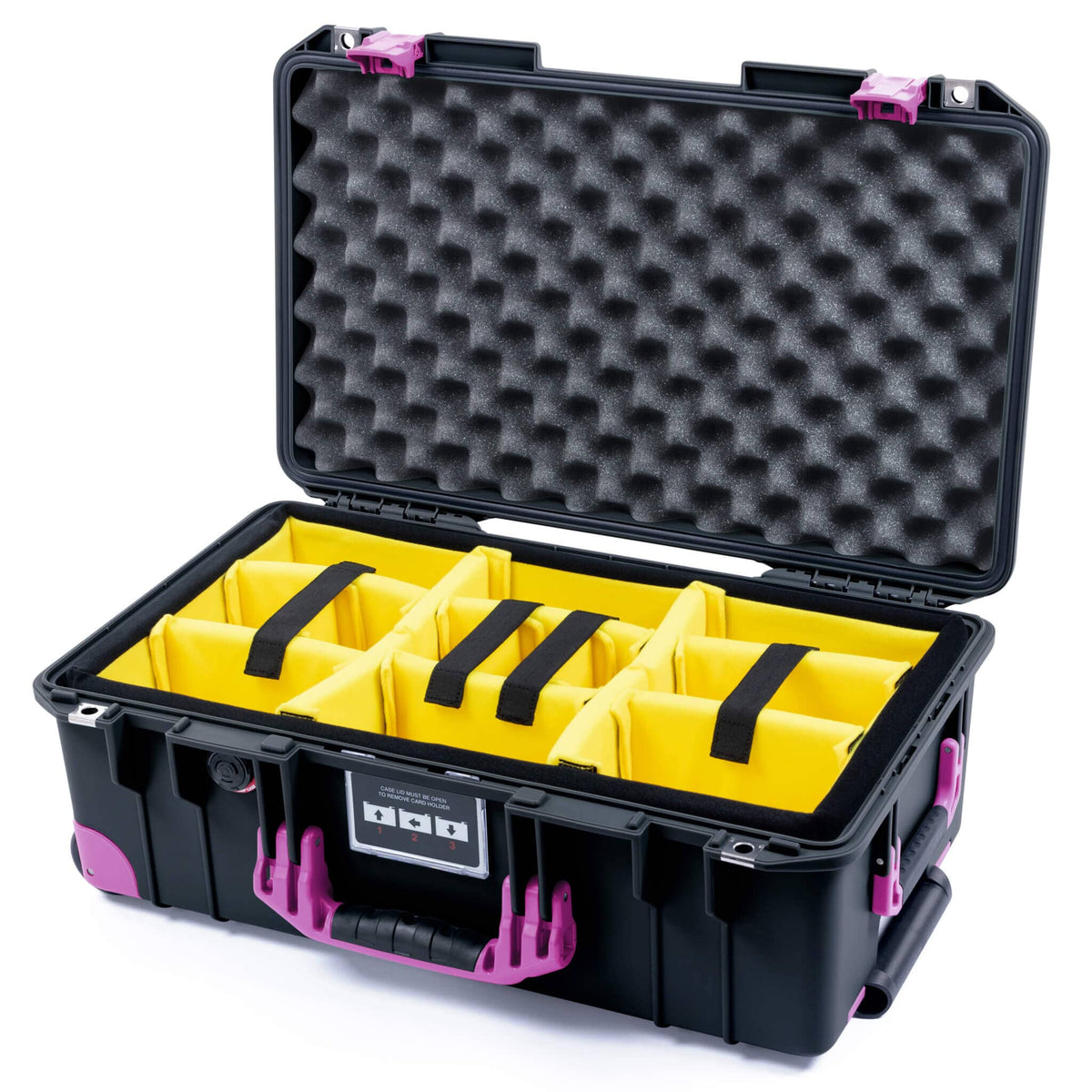 Pelican 1535 Air Case, Black with Magenta Handles, Latches &amp; Trolley Yellow Padded Microfiber Dividers with Convoluted Lid Foam ColorCase 015350-0010-110-401-400