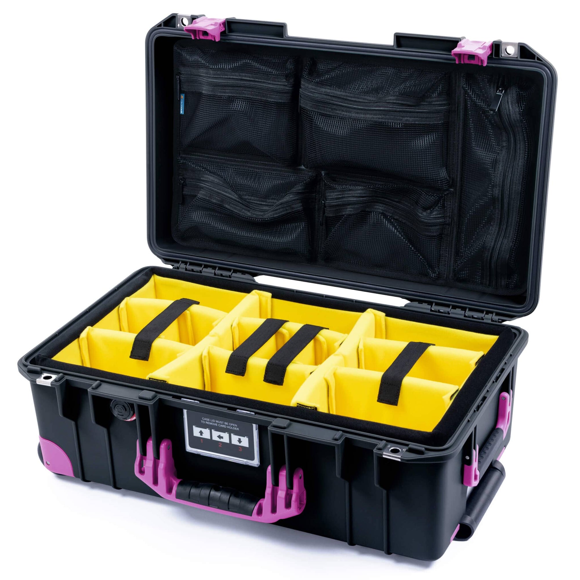 Pelican 1535 Air Case, Black with Magenta Handles, Latches & Trolley Yellow Padded Microfiber Dividers with Mesh Lid Organizer ColorCase 015350-0110-110-401-400