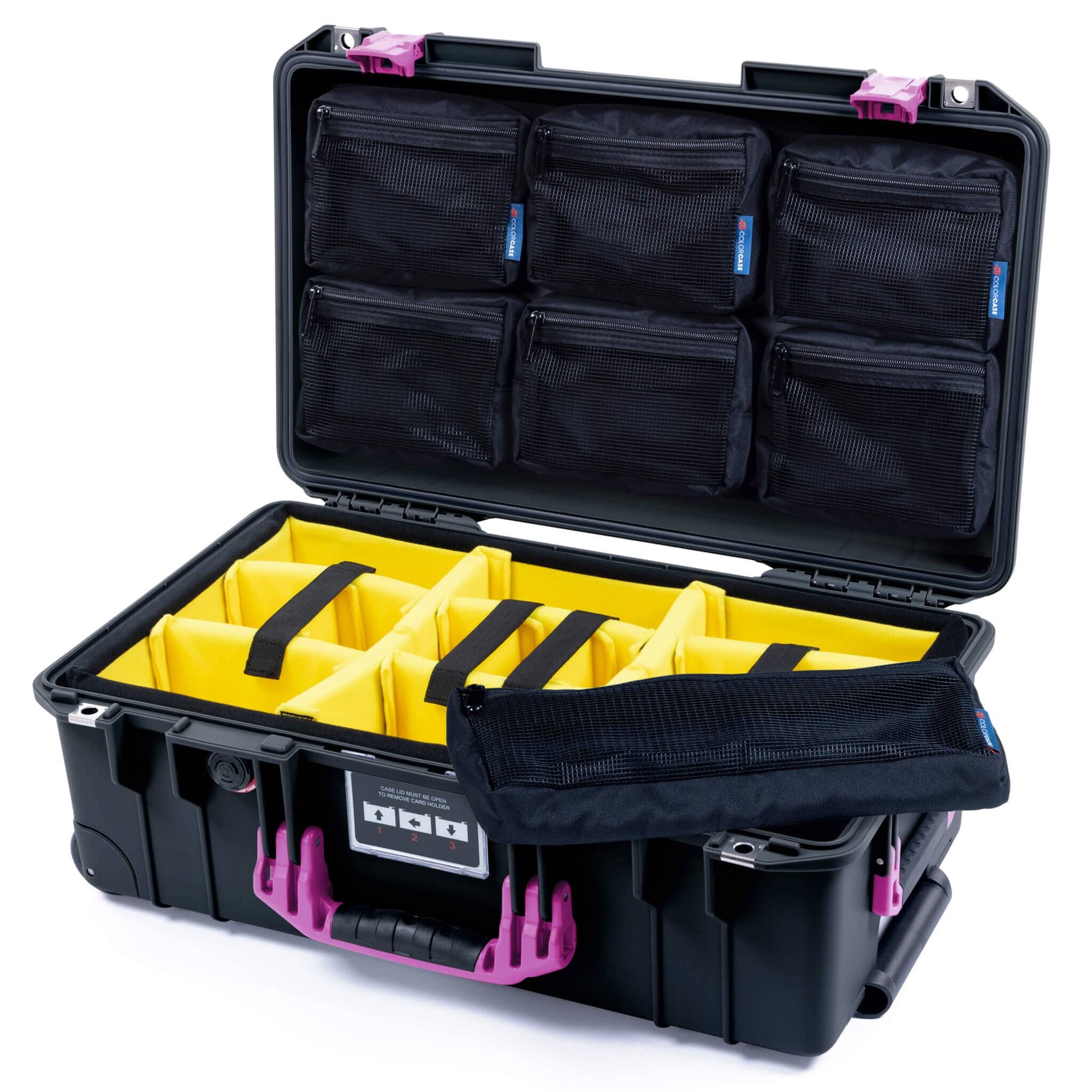 Pelican 1535 Air Case, Black with Magenta Handles & Latches Yellow Padded Microfiber Dividers with 7-Piece Removable Mesh Pouches ColorCase 015350-0710-110-401