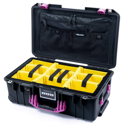 Pelican 1535 Air Case, Black with Magenta Handles & Latches Yellow Padded Microfiber Dividers with TRVL Combo-Pouch Lid Organizer ColorCase 015350-0310-110-401