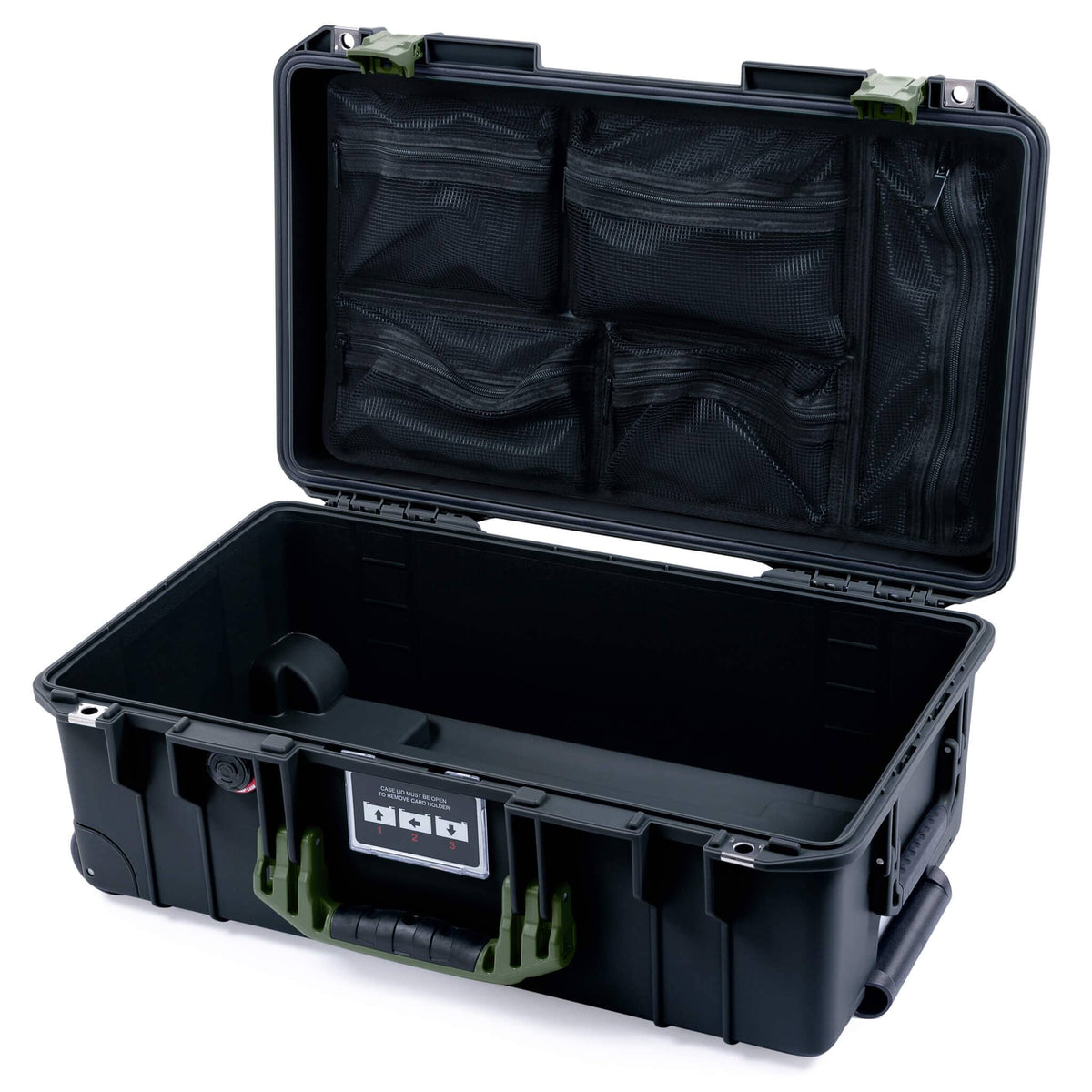 Pelican 1535 Air Case, Black with OD Green Handles &amp; Latches Mesh Lid Organizer Only ColorCase 015350-0100-110-131