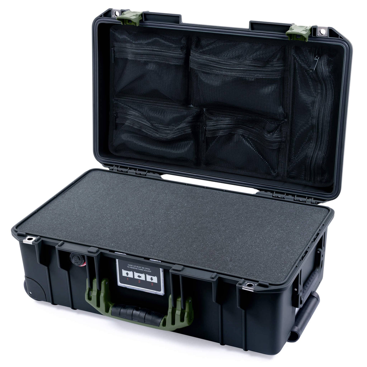 Pelican 1535 Air Case, Black with OD Green Handles &amp; Latches Pick &amp; Pluck Foam with Mesh Lid Organizer ColorCase 015350-0101-110-131