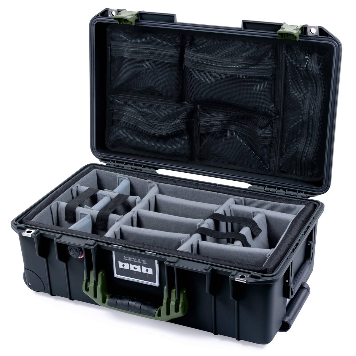 Pelican 1535 Air Case, Black with OD Green Handles &amp; Latches Gray Padded Microfiber Dividers with Mesh Lid Organizer ColorCase 015350-0170-110-131