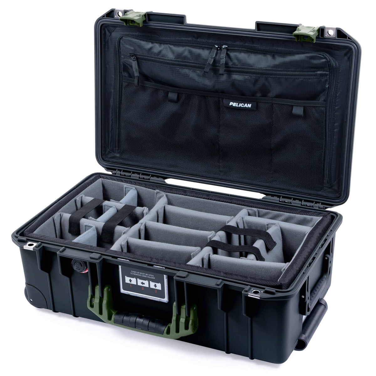 Pelican 1535 Air Case, Black with OD Green Handles &amp; Latches Gray Padded Microfiber Dividers with Combo-Pouch Lid Organizer ColorCase 015350-0370-110-131