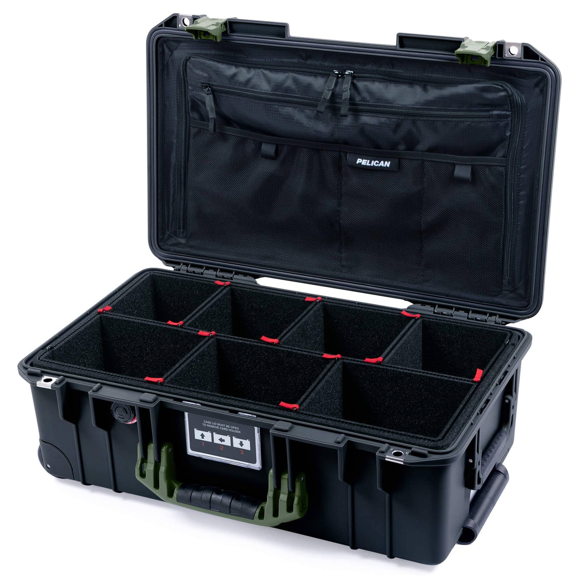 Pelican 1535 Air Case, Black with OD Green Handles &amp; Latches TrekPak Divider System with Combo-Pouch Lid Organizer ColorCase 015350-0320-110-131